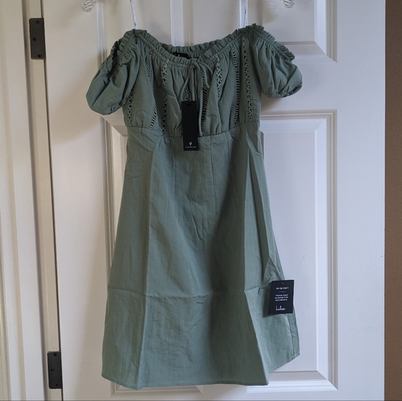 Sage Green Off the Shoulder Mini Summer Dress - Picture 4 of 8